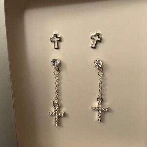 NWT Claire's‎ Cross Earrings Set Silver Tone Stud & Dangle Religious Jewelry